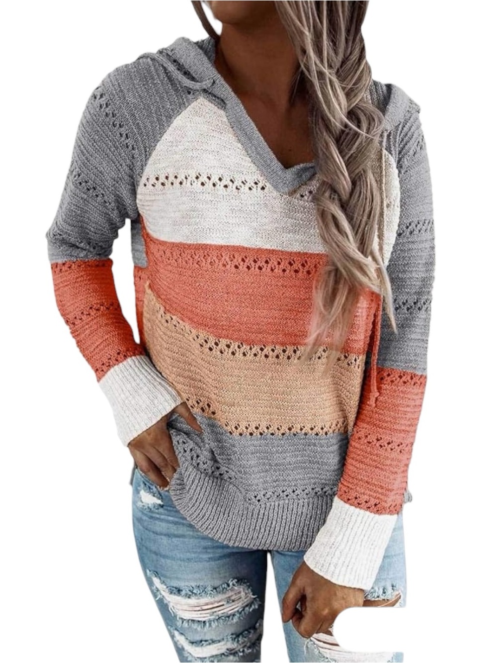 Women's Fall Long Sleeve Color Block Lightweight Sweater Pullover Hoodie